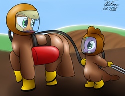 Size: 1280x988 | Tagged: safe, artist:the-furry-railfan, applejack, spike, g4, air tank, boots, environmental suit, field, galoshes, helmet, outdoors, pesticide, story included, sweet apple acres, this will end in balloons