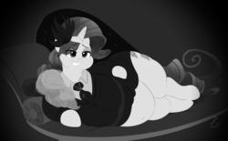 Size: 1280x795 | Tagged: safe, alternate version, artist:mellowhen, artist:sirmasterdufel, rarity, pony, g4, rarity investigates, belly, belly button, black and white, clothes, draw me like one of your french girls, fat, female, grayscale, obese, raritubby, solo