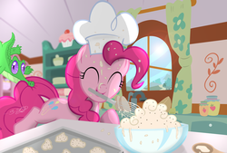 Size: 2993x2018 | Tagged: safe, artist:shutterflyeqd, gummy, pinkie pie, alligator, earth pony, pony, g4, ^^, baking, bowl, eyes closed, female, food, high res, mare, mixing bowl