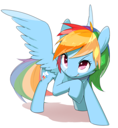 Size: 1280x1388 | Tagged: safe, artist:30clock, rainbow dash, pegasus, pony, g4, backwards cutie mark, female, grin, mare, raised hoof, simple background, smiling, smirk, solo, spread wings, white background