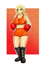 Size: 1024x1443 | Tagged: safe, artist:usagiforehead, applejack, human, g4, belly button, boxer, boxing, boxing gloves, breasts, busty applejack, clothes, female, humanized, midriff, shorts, solo, sports bra, watermark