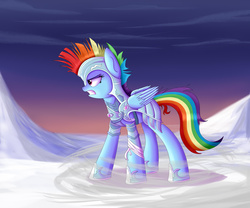 Size: 3800x3154 | Tagged: safe, artist:vanillaghosties, rainbow dash, g4, armor, bandage, female, gritted teeth, high res, profile, solo, wind, winter