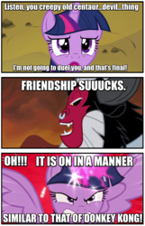 Size: 845x1316 | Tagged: safe, edit, edited screencap, screencap, lord tirek, twilight sparkle, alicorn, pony, g4, twilight's kingdom, angry, caption, crump, donkey kong, female, friendship, image macro, mare, meme, reference, tea gardner, text, twilight sparkle (alicorn), twilight vs tirek, yu-gi-oh!, yugioh abridged