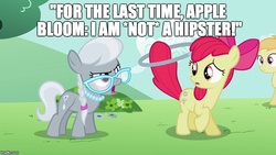 Size: 800x450 | Tagged: safe, edit, edited screencap, screencap, apple bloom, silver spoon, earth pony, pony, g4, the cutie pox, female, filly, foal, hipster, image macro, meme