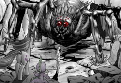 Size: 4795x3303 | Tagged: safe, artist:pencils, marble pie, spike, oc, oc:anon, giant spider, human, spider, comic:anon's pie adventure, g4, anon in equestria, butt, cropped, plot, wallpaper