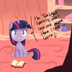 Size: 1500x1500 | Tagged: safe, artist:applestems, twilight sparkle, pony, unicorn, g4, :d, book, bookshelf, bronybait, cute, dialogue, female, filly, filly twilight sparkle, heart, i love you, looking at you, open mouth, sitting, smiling, solo, speech bubble, talking to viewer, twiabetes, unicorn twilight, younger