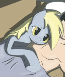 Size: 709x840 | Tagged: safe, artist:tg-0, derpy hooves, human, pony, g4, artifact, bed, bedroom eyes, blanket, couch, cuddling, female, hug, human on pony snuggling, male, on side, on top, smiling, snuggling, straight