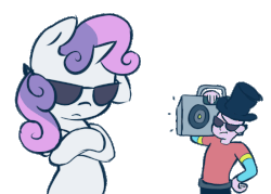 Size: 700x500 | Tagged: safe, artist:spikedmauler, edit, editor:tk-clopper, sweetie belle, human, pony, unicorn, g4, animated, boombox, crossed hooves, duo, female, gif, go ask sweetie belle, hat, headbang, human and pony, male, sick beats, sunglasses, team fortress 2, top hat