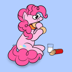 Size: 1400x1400 | Tagged: safe, artist:mr-1, pinkie pie, earth pony, pony, g4, blue background, cookie, cookie monster, crossover, eating, female, food, mare, milk, nom, parody, sesame street, simple background, solo