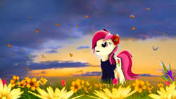 Size: 4000x2250 | Tagged: safe, artist:turbovilka, roseluck, butterfly, earth pony, pony, g4, 3d, clothes, female, field, flower, flower in hair, mare, rose, scenery, solo, source filmmaker, sweater