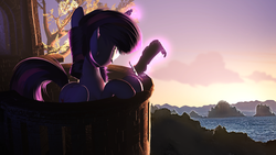 Size: 3000x1687 | Tagged: safe, artist:vincher, twilight sparkle, alicorn, pony, g4, 3d, balcony, female, magic, mare, pen, scenery, scroll, solo, source filmmaker, twilight sparkle (alicorn), water