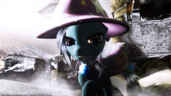 Size: 4096x2304 | Tagged: safe, artist:princeoracle, trixie, pony, unicorn, g4, 3d, brooch, building, cape, clothes, female, gem, gmod, jewelry, looking at you, mare, raised hoof, signature, solo, stone, trixie's brooch, trixie's cape, trixie's hat