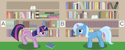 Size: 8739x3489 | Tagged: safe, artist:e-49, derpy hooves, trixie, twilight sparkle, alicorn, pony, unicorn, g4, book, duo, duo female, female, food, magic, mare, muffin, tail hold, telekinesis, twilight sparkle (alicorn), vector