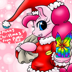 Size: 640x640 | Tagged: safe, artist:animecreator, pinkie pie, earth pony, semi-anthro, g4, 1100000, christmas, clothes, female, get, heart, holiday, hoof hold, index get, looking at you, merry christmas, milestone, open mouth, present, santa costume, smiling, solo, x00000 milestone