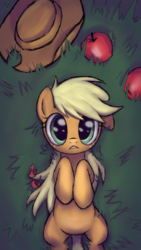 Size: 720x1280 | Tagged: safe, artist:inowiseei, applejack, earth pony, pony, g4, apple, female, food, loose hair, mare, on back, solo