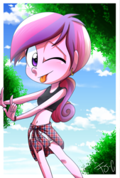 Size: 800x1184 | Tagged: safe, artist:fj-c, dean cadance, princess cadance, equestria girls, g4, belly button, clothes, female, midriff, shirt around waist, shorts, solo, sports bra, tongue out, wink, younger