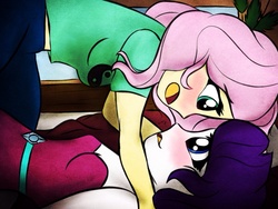 Size: 2048x1536 | Tagged: safe, artist:mylittlelevi64, fluttershy, rarity, human, g4, clothes, dress, female, humanized, lesbian, on back, open mouth, pony coloring, ship:flarity, shipping, shirt
