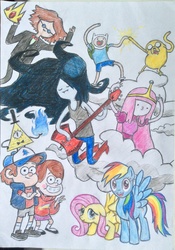 Size: 1712x2439 | Tagged: safe, artist:inowiseei, artist:nowisee, fluttershy, rainbow dash, human, pegasus, pony, g4, adventure time, crossover, dipper pines, female, finn the human, gravity falls, jake the dog, looking at you, mabel pines, male, marceline, mare, open mouth, open smile, princess bubblegum, smiling