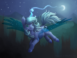 Size: 1024x768 | Tagged: safe, artist:dany-the-hell-fox, oc, ethereal wings, fluffy, flying, magic, moon, night, not luna, solo, unshorn fetlocks