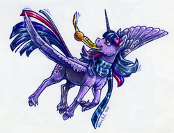 Size: 1000x766 | Tagged: safe, artist:dany-the-hell-fox, twilight sparkle, alicorn, pony, g4, clothes, female, fluffy, flying, golden snitch, harry potter (series), mare, mouth hold, quidditch, scarf, simple background, solo, traditional art, twilight sparkle (alicorn), unshorn fetlocks