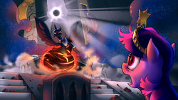 Size: 1280x720 | Tagged: safe, artist:ruffu, nightmare moon, twilight sparkle, pony, g4, birth of nightmare moon, element of magic, missing horn, scene interpretation