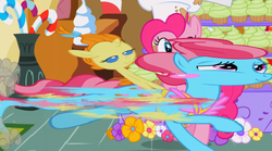 Size: 479x267 | Tagged: safe, screencap, cup cake, pinkie pie, pumpkin cake, earth pony, pony, unicorn, g4, season 5, the one where pinkie pie knows, baby, baby pony, female, filly, foal, great moments in animation, mare, smear frame, smiling, sugarcube corner, trio