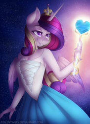 Size: 800x1100 | Tagged: safe, artist:silentwulv, princess cadance, anthro, g4, clothes, crystal heart, dress, female, night, night sky, sky, solo, stars