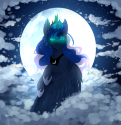 Size: 2480x2555 | Tagged: dead source, safe, artist:pinesolderingkey, princess luna, g4, cloud, female, flying, high res, moon, solo
