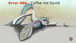 Size: 920x518 | Tagged: safe, artist:sloppyhooves, princess celestia, g4, bed mane, coffee mug, error message, female, majestic as fuck, sleeping, solo, spread wings, tongue out