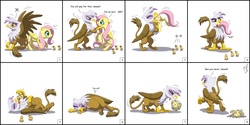 Size: 4000x2000 | Tagged: safe, artist:goldy-gry, fluttershy, gilda, bird, griffon, pegasus, pony, g4, griffon the brush off, abuse, alternate scene interpretation, angry, belly, bone, butt, carnivore, comic, dead, death, digestion, digestion without weight gain, disposal, disproportionate retribution, drool, duckling, dweeb, eaten alive, eating, eye contact, eyes closed, featureless crotch, female, fetish, floppy ears, flutterprey, folded wings, food, food chain, frown, gildapred, glare, griffons doing griffon things, gulp, head first, horse meat, mare, meat, mythologically accurate, on back, pellet, plot, post-vore, predation, predator, prey, raised leg, scared, shivering, slender, smiling, spread wings, stomach noise, surprised, swallowing, thin, throat bulge, tongue out, villainous delights, vore, wide eyes, wings