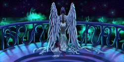 Size: 1200x604 | Tagged: safe, artist:chirun, princess celestia, human, g4, balcony, female, humanized, solo, stars, winged humanization