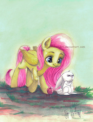 Size: 800x1047 | Tagged: safe, artist:sugarheartart, angel bunny, fluttershy, g4, apple, food, frown, traditional art, watercolor painting, watermark