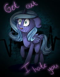 Size: 700x900 | Tagged: safe, artist:scroll-with-feather, princess luna, g4, crying, female, filly, floppy ears, solo, wall writing, woona