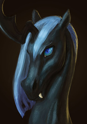 Size: 687x975 | Tagged: safe, artist:carnifex, oc, oc only, oc:myxine, changeling, changeling queen, horse, black background, blue changeling, changeling oc, changeling queen oc, female, horsified, portrait, realistic, simple background, solo