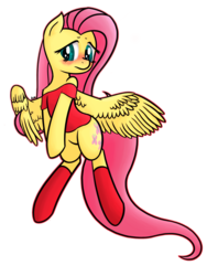 Size: 1500x2000 | Tagged: safe, artist:mang, fluttershy, g4, blushing, clothes, female, shoulderless, socks, solo, wings
