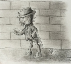 Size: 1600x1431 | Tagged: safe, artist:professionalpuppy, changeling, bipedal, clothes, gangster, grayscale, hat, mobster, monochrome, solo, traditional art