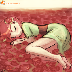 Size: 750x750 | Tagged: safe, artist:lumineko, roseluck, human, g4, 30 minute art challenge, barefoot, blushing, clothes, cute, eyes closed, feet, female, humanized, lumineko is trying to murder us, on side, patreon, patreon logo, sleeping, smiling, solo