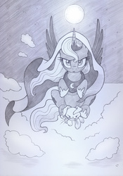 Size: 699x1000 | Tagged: safe, artist:sherwoodwhisper, princess luna, rabbit, g4, both cutie marks, cloud, female, flying, flying at you, grayscale, monochrome, moon, solo, traditional art