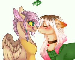 Size: 1280x1024 | Tagged: safe, artist:rrusha, oc, oc only, oc:ellen, hybrid, blushing, boop, chest fluff, clothes, collar, ear fluff, ear piercing, female, heart, interspecies offspring, lesbian, licking, licking lips, noseboop, offspring, parent:discord, parent:fluttershy, parents:discoshy, pendant, piercing, shipping, sweater, tongue out