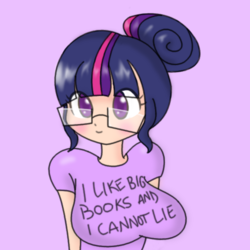Size: 526x526 | Tagged: safe, artist:amybun, artist:comaofsouls, twilight sparkle, human, g4, big breasts, breasts, busty twilight sparkle, clothes, female, glasses, hair bun, humanized, shirt text, simple background, sir mix-a-lot, solo, song reference, t-shirt, that pony sure does love books