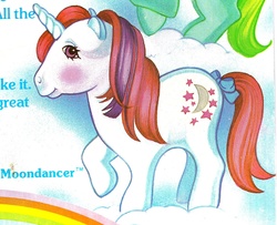 Size: 1733x1407 | Tagged: safe, moondancer (g1), pony, unicorn, g1, official, backcard, blushing, bow, cropped, cute, female, mare, raised hoof, solo focus, tail, tail bow, text