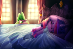 Size: 1920x1292 | Tagged: safe, artist:9de-light6, spike, twilight sparkle, alicorn, classical unicorn, dragon, pony, g4, princess spike, baby, baby dragon, bed, cloven hooves, cute, day, drool, eyes closed, female, floppy ears, happy, horn, leonine tail, male, mare, nibbling, nom, on side, pillar, scene interpretation, signature, sleeping, smiling, soon, spikabetes, twiabetes, twilight sparkle (alicorn), unshorn fetlocks, watching, window