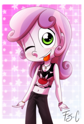 Size: 1024x1515 | Tagged: safe, artist:fj-c, sweetie belle, equestria girls, g4, belly button, clothes, crossover, female, looney tunes, midriff, short shirt, solo, sylvester, tongue out, wink