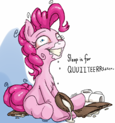 Size: 243x259 | Tagged: dead source, safe, artist:stoic5, pinkie pie, earth pony, pony, g4, chest fluff, coffee, colored, dialogue, explicit source, female, food, grin, leg twitch, mare, picture for breezies, pinkie found the coffee, sitting, solo, sugar (food), wide eyes, xk-class end-of-the-world scenario