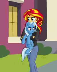 Size: 640x800 | Tagged: dead source, safe, artist:victoreach, sunset shimmer, trixie, pony, unicorn, equestria girls, g4, counterparts, cute, diatrixes, duo, duo female, female, holding a pony, hug, lidded eyes, looking back, mare, smiling, twilight's counterparts, walking