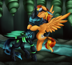 Size: 1024x926 | Tagged: safe, artist:pridark, queen chrysalis, oc, oc:tech talk, pegasus, pony, g4, canon x oc, clothes, cocoon, goggles, hug, shipping