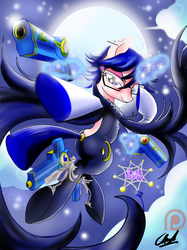 Size: 766x1024 | Tagged: safe, artist:succubi samus, pony, unicorn, bayonetta, bayonetta (character), bayonetta 2, blaster, butt, clothes, ear piercing, earring, female, glasses, gun, jewelry, looking at you, love is blue, magic, moon, patreon, patreon logo, piercing, plot, ponified, solo, weapon