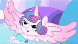 Size: 731x411 | Tagged: safe, screencap, princess flurry heart, g4, season 6, baby, cropped, diaper, female, lidded eyes, open mouth, solo, spread wings