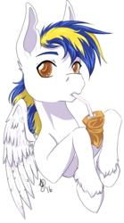 Size: 827x1487 | Tagged: safe, oc, oc only, oc:juby skylines, pegasus, pony, cute, feather, fluffy, food, juice, juice box, wing fluff