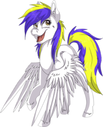 Size: 1023x1259 | Tagged: safe, oc, oc only, oc:juby skylines, ear fluff, happy, looking at you, smiling, spread wings